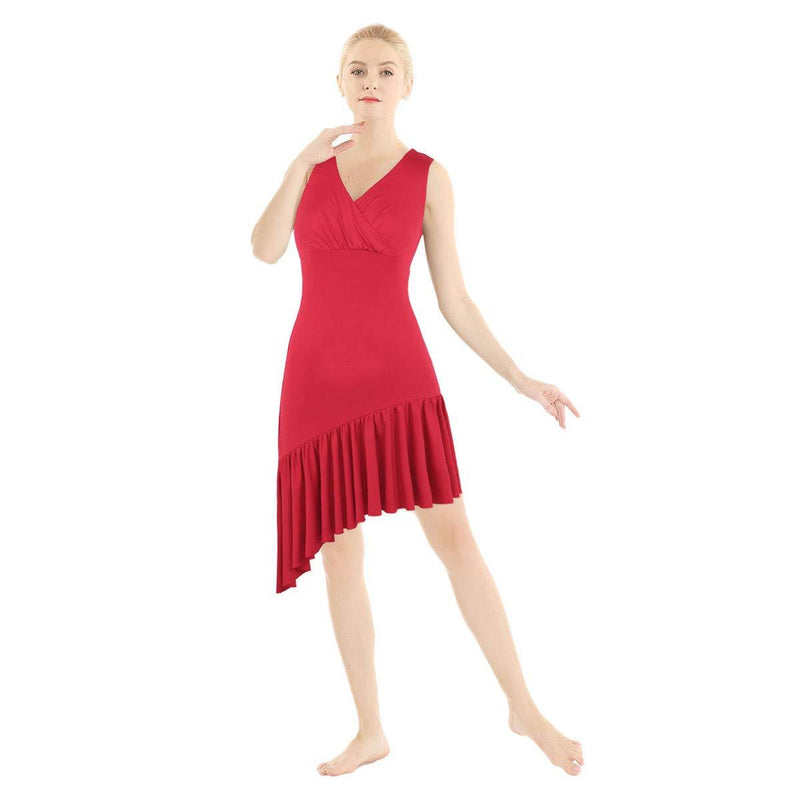 [AUSTRALIA] - TiaoBug Women's Latin Dance Dress Sleeveless V-Neck Ruffled Asymmetric Dancing Costume Red X-Large 