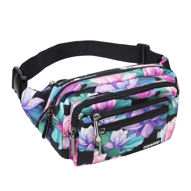 Oxpecker Waist Pack Bag with Rain Cover, Waterproof Fanny Pack for Men&Women, Workout Traveling Casual Running Hiking Cycling, Hip Bum Bag with Adjustable Strap for Outdoors (Black Base Floral) Black Base Floral - BeesActive Australia