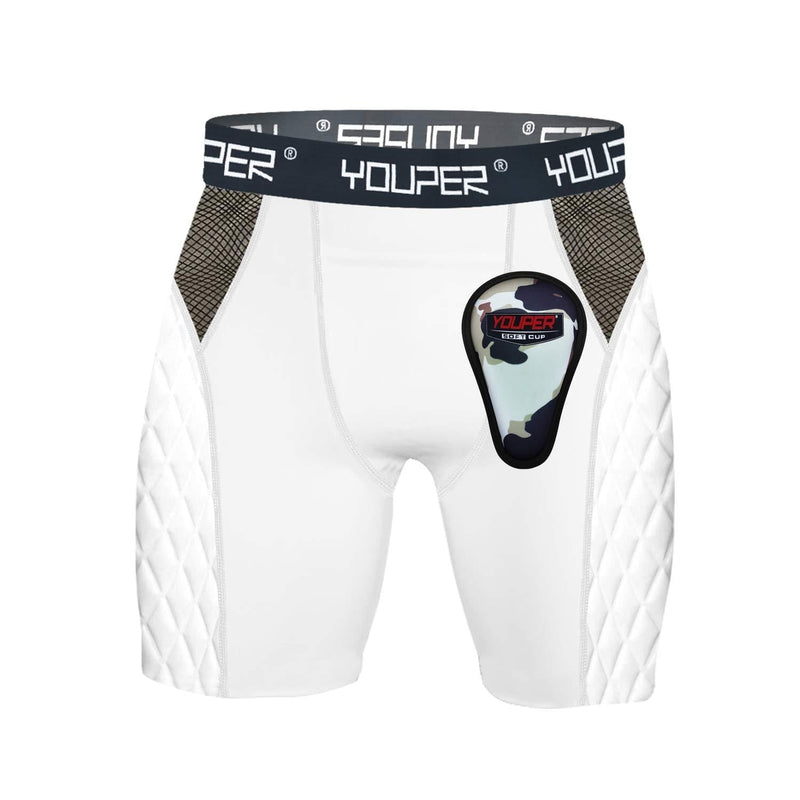 [AUSTRALIA] - Youper Youth Elite Compression Sliding Shorts - Padded Slider Shorts with Soft Protective Athletic Cup for Baseball, Softball, Football, Lacrosse, MMA White Large 