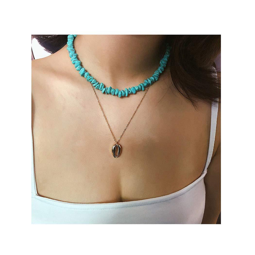 Edary Boho Turquoise Necklaces Shell Pendant Chain Double Layered Necklace Jewelry for Women and Girls - BeesActive Australia