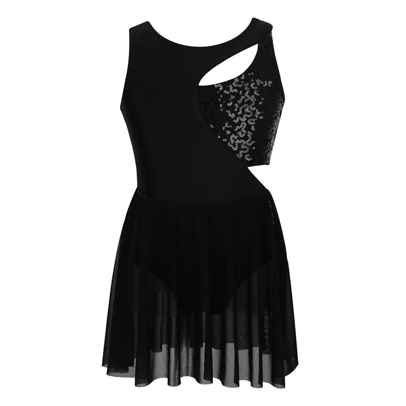 [AUSTRALIA] - inlzdz Kids Girls Ballet Dance Gymnastic Dress Ice Roller Skating Dress Sleeveless Sequins Keyholes Dancewear Black 1 5-6 