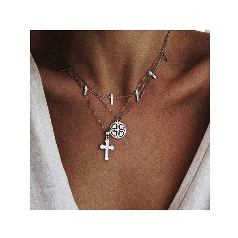 Edary Fashion Layered Necklace Cross Pendant Four-Leaf Clover Necklaces Silver Jewlery for Women and Girls - BeesActive Australia