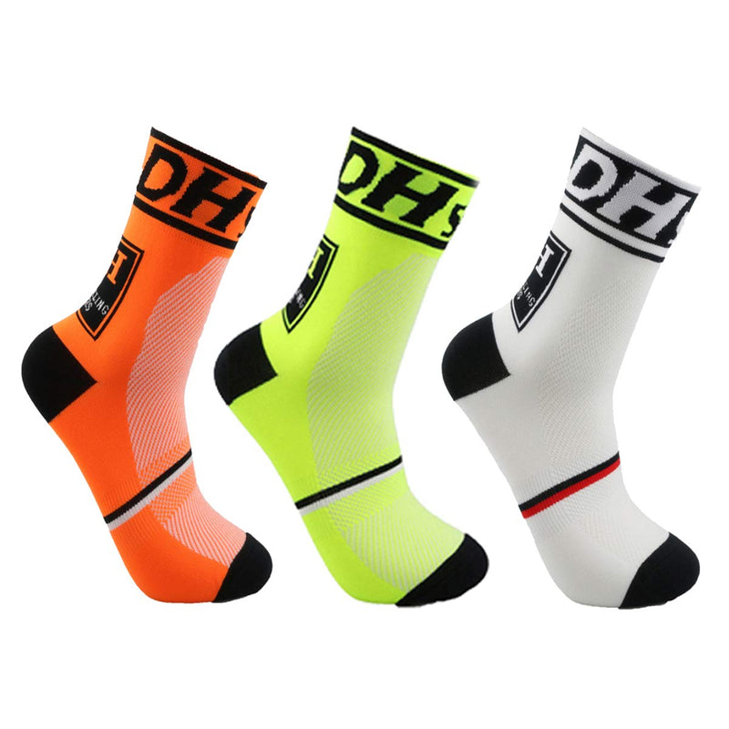 Men's Cycling Socks Unisex Breathable Sports Running Trekking Athletic Basketball Socks 3 Pairs(white+green+orange) - BeesActive Australia