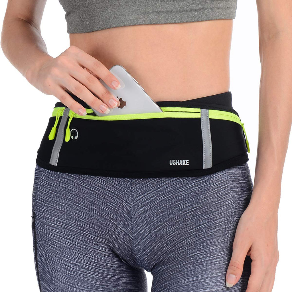 USHAKE Slim Running Belt, Workout Fanny Pack for Men Women,Exercise Waist Pack for Apple iPhone Holder, Runner Belt for Running Walking Cycling Camping Gym black/3 yellow zippers - BeesActive Australia