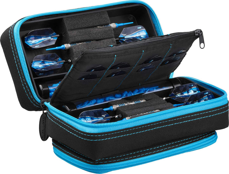 Casemaster Plazma Pro, 6 Dart Case for Soft and Steel Tip Darts, Features Large Front Mobile Device Pocket, Built-In Storage Tubes and Pockets for Flights, Tips, Shafts, and Personal Items Blue Trim - BeesActive Australia