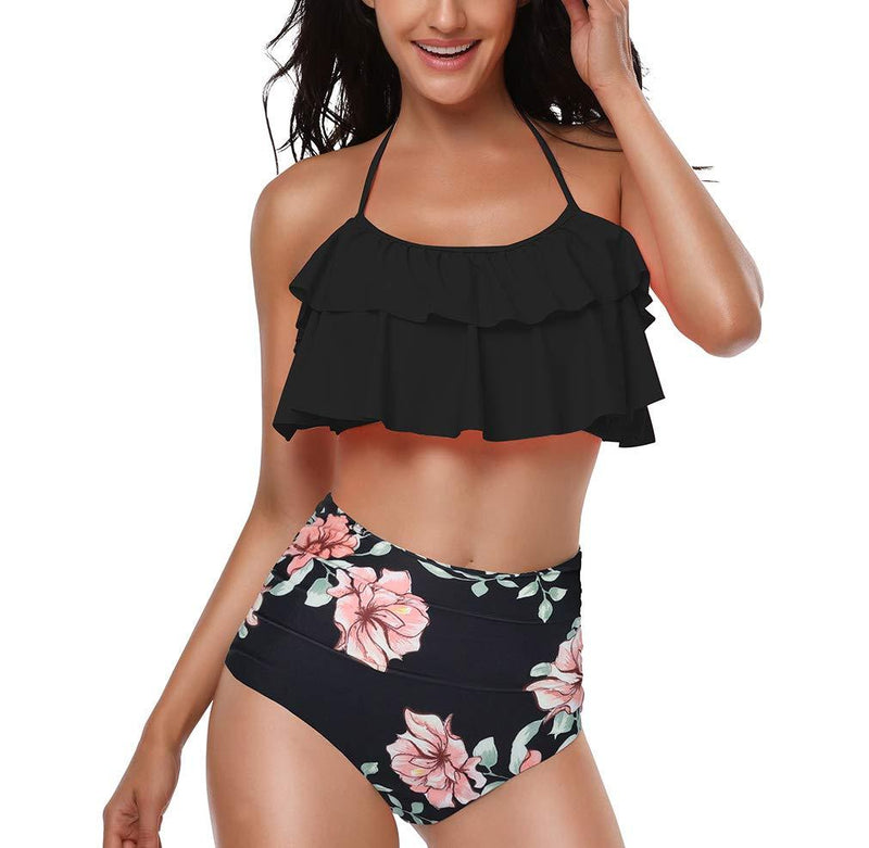 [AUSTRALIA] - Bikini Swimsuit for Women High Waisted Flounce Crop Top Swimwear Two Piece Tassel Trim Bathing Suits Set X-Large Black + Flower 