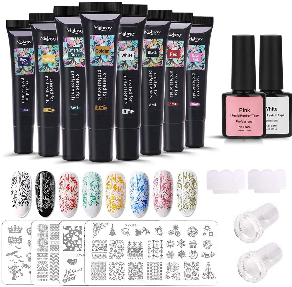 Stamping Gel Kit, MYSWEETY 8PCS 8ml Nail Art Stamping Gel + 4pcs Stamping Plates + 2pcs Nail Art Scraper + 2pcs Stamper+ 2pcs Anti-overflow Latex, Polish Stamping Kit for Nail DIY Printing - BeesActive Australia