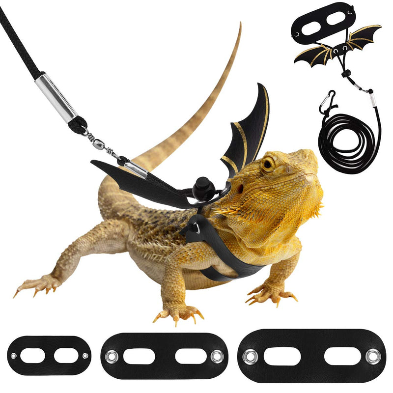 Pawaboo Adjustable Bearded Dragon Harness and Leash, 3 Size Leather Reptile Leash Outdoor Harness Leash with Bat Wings for Lizard Reptiles Amphibians Small Pet Animals, Small/Medium/Large Black+Gold - BeesActive Australia
