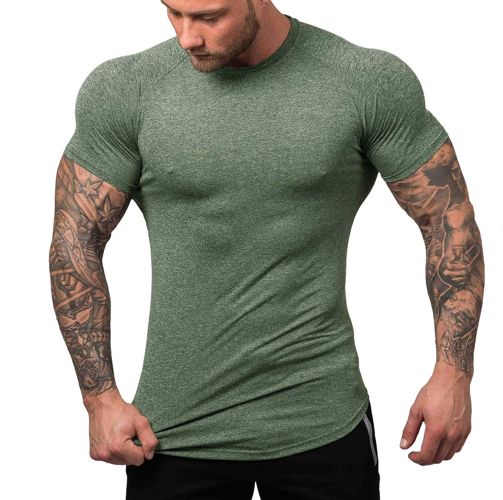 URRU Men's Quick Dry Workout T-Shirts Compression Athletic Baselayer Tee Gym Training Tops S-XXL Army Green Small - BeesActive Australia