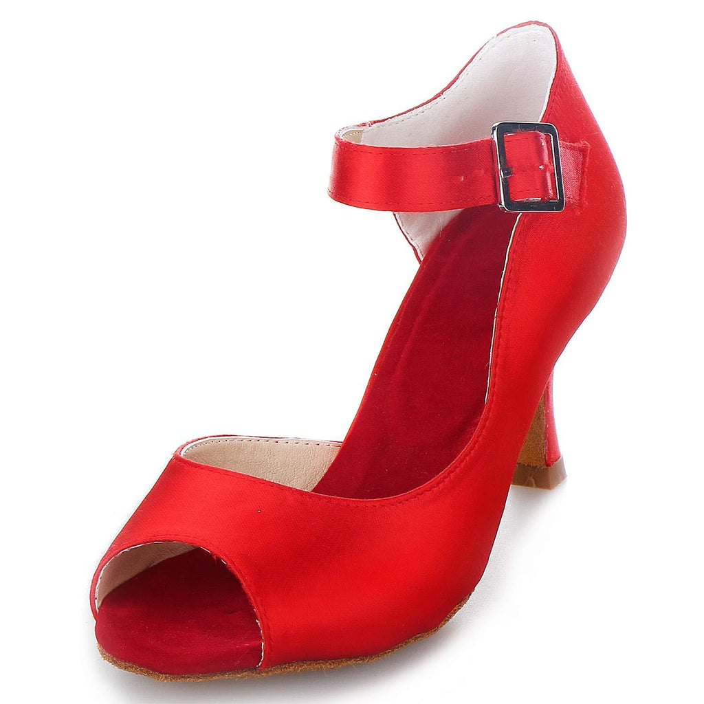 [AUSTRALIA] - JIAJIA Y20512 Women's Satin Sandals Flared Heel Latin Salsa Performance Dance Shoes 10.5 Red 
