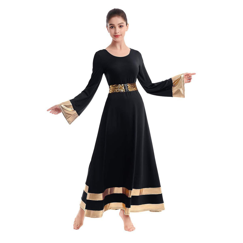 [AUSTRALIA] - IBAKOM Womens Long Sleeve Tunic Robe Worship Praise Liturgical Full Dance Dress Ballet Costume with Sequins Belt Black+gold X-Large 