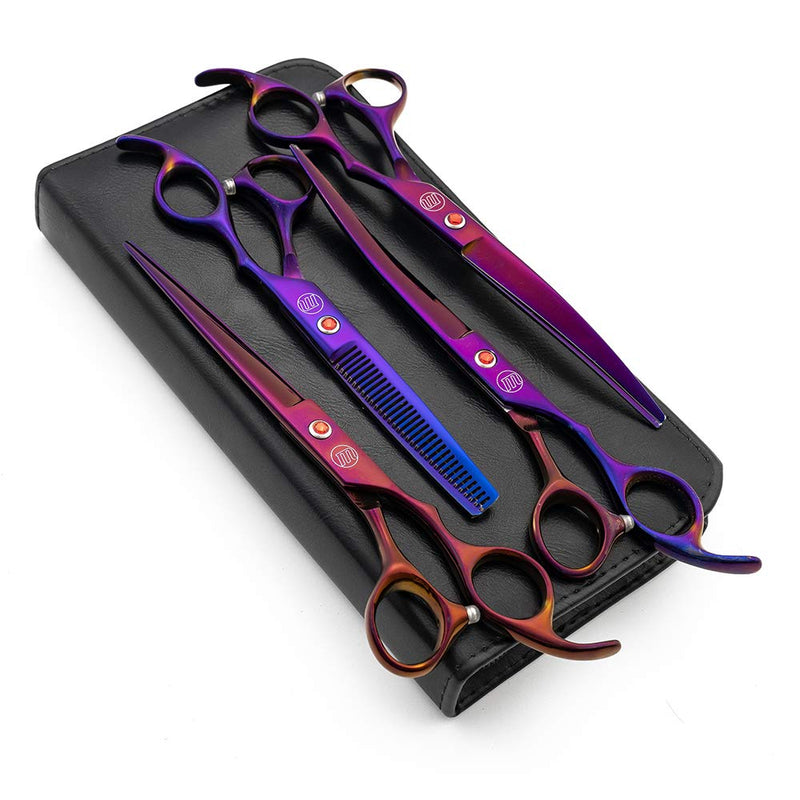 Moontay Professional 7.0/8.0 inches Dog Grooming Scissors Set, 4-Pieces Straight, Upward Curved, Downward Curved, Thinning/Blending Shears for Dog, Cat and Pets, JP Stainless Steel 7 Inch (Pack of 4) Purple - BeesActive Australia