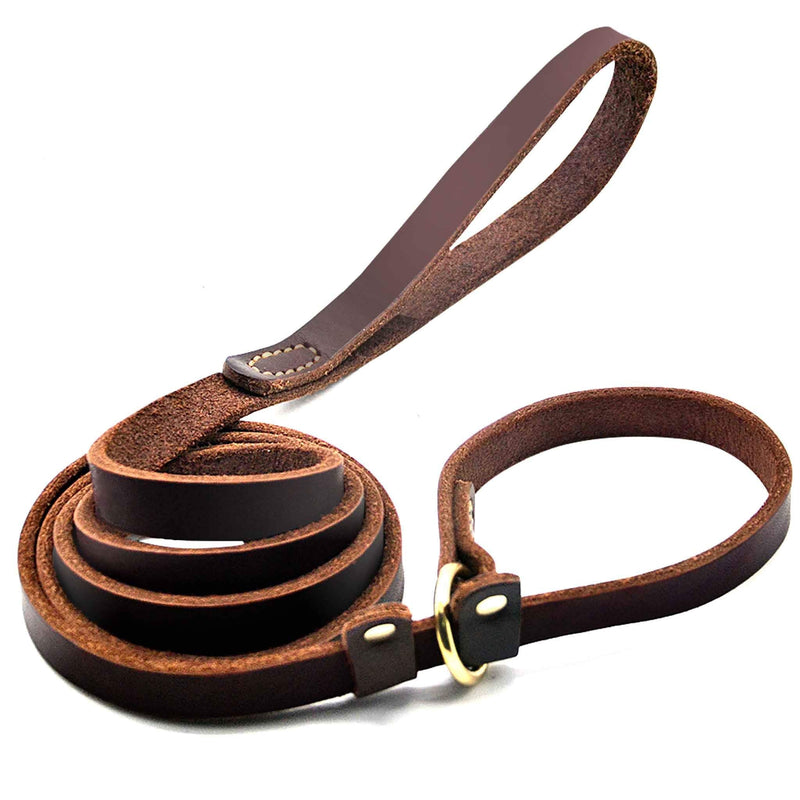 Wellbro Real Leather Slip Lead Dog Leash, Adjustable Stitched Pet Slip Leads with Slider, Heavy Duty Flat Dog Training Leashes for Medium and Large Dogs,Brown 6 Feet - BeesActive Australia