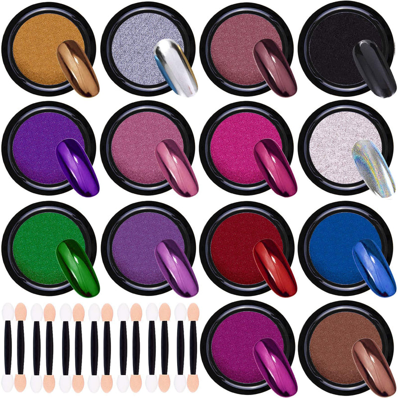 Duufin 14 Jars Chrome Nail Powder Metallic Nail Art Powder Mirror Effect Manicure Pigment 14 Colors Nail Powders with 14 Pcs Eyeshadow Sticks, 1g/Jar Dark - BeesActive Australia