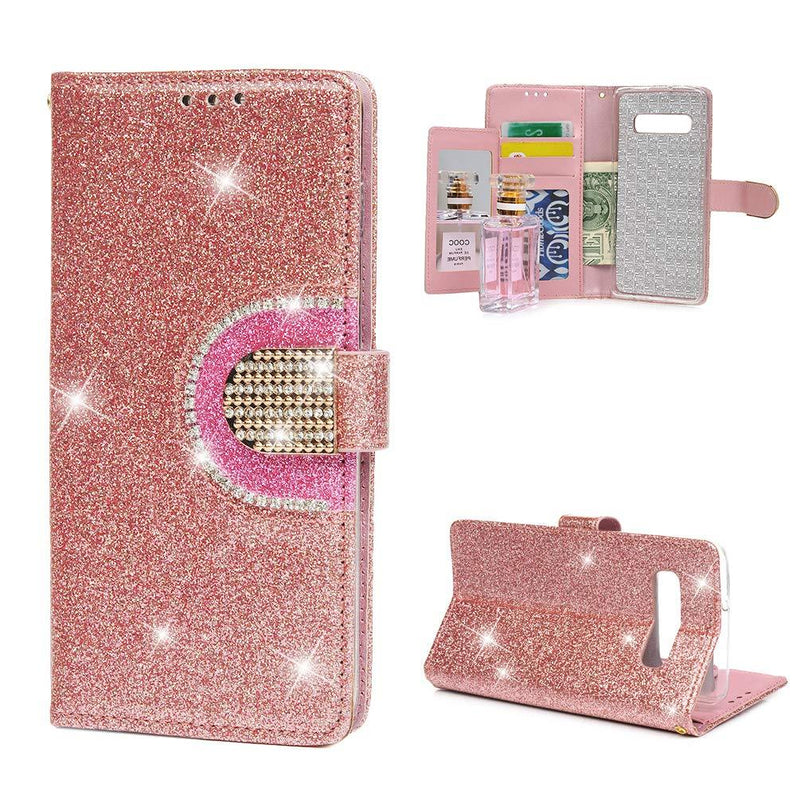 [AUSTRALIA] - Tom's Village Bling Glitter Sparkling Mirror Wallet Case for Samsung Galaxy S10 Plus PU Leather Magnetic Flip Cover Shock Resistant Flexible Soft TPU Bumper Protective Card Slots Kickstand Rose Gold 