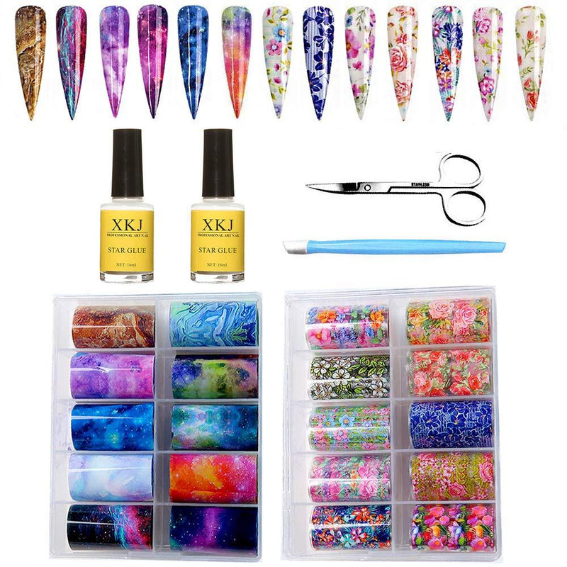 Kalolary 20 Color Starry Sky Stars Nail Art Foil with Nail Glue, Holographic Nail Art Transfer Stickers DIY Decoration, for Nail Art Salon or Home Use - BeesActive Australia