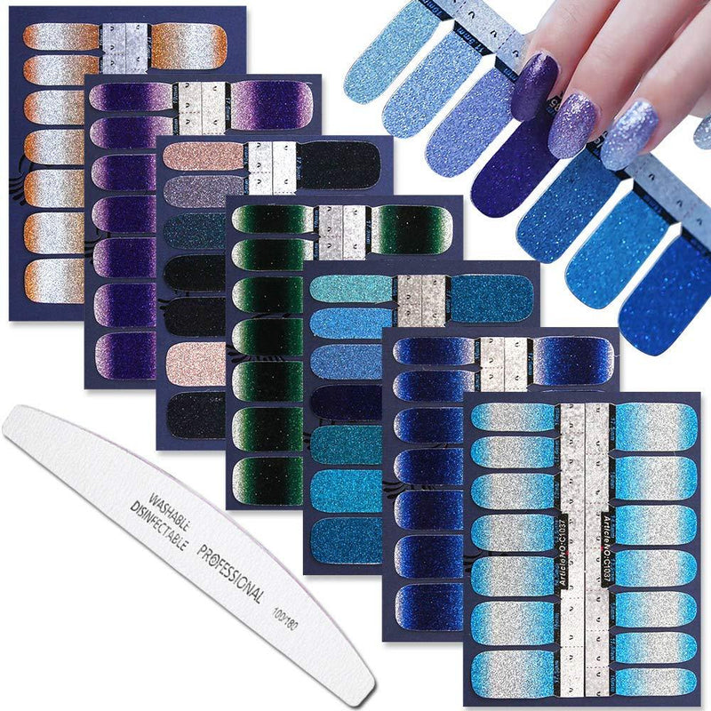 WOKOTO 7 Sheets Adhesive Nail Art Polish Stickers Tips Glitter Gradient Design Nail Wraps Decals Strips Set Manicure Decoration With 1Pc Nail File - BeesActive Australia