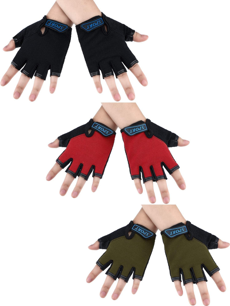 3 Pairs Kids Half Finger Gloves Sport Gloves Non-Slip Gel Gloves for Children Cycling Biking Black, Army Green, Red 6-10 Years - BeesActive Australia