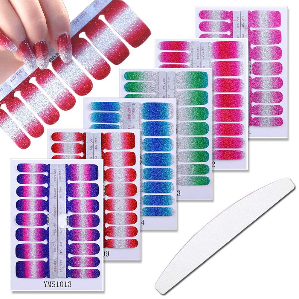 WOKOTO 6 Sheets Adhesive Nail Art Polish Stickers Strips Set Glitter Gradient Nail Wraps Decals Tips Manicure Accessories With 1Pc Nail File - BeesActive Australia