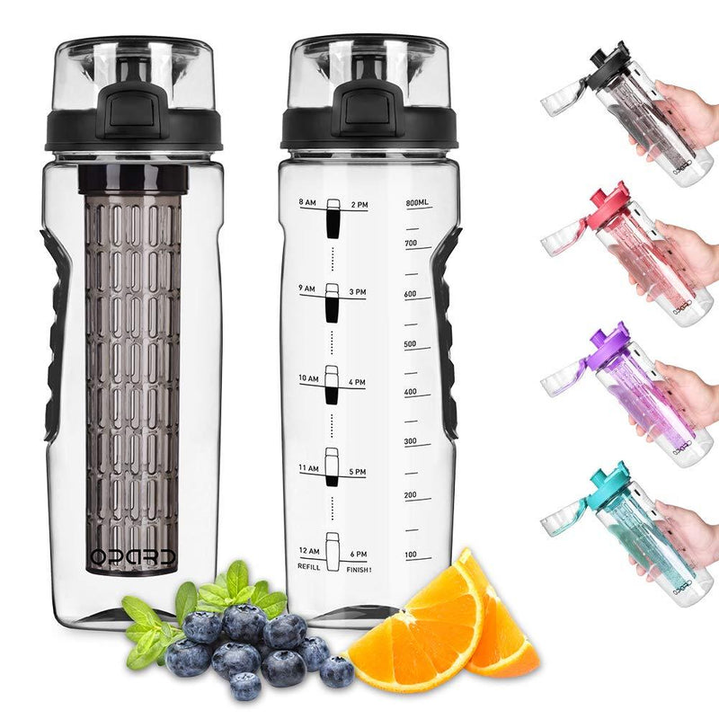 Opard Fruit Infuser Water Bottle with Time Marker, 30 oz BPA Free Infusion Daily Water Bottles Track Water Intake with Leak Proof Flip Top Lid, Infusion Rod, Cleaning Brush and Recipe Black - BeesActive Australia