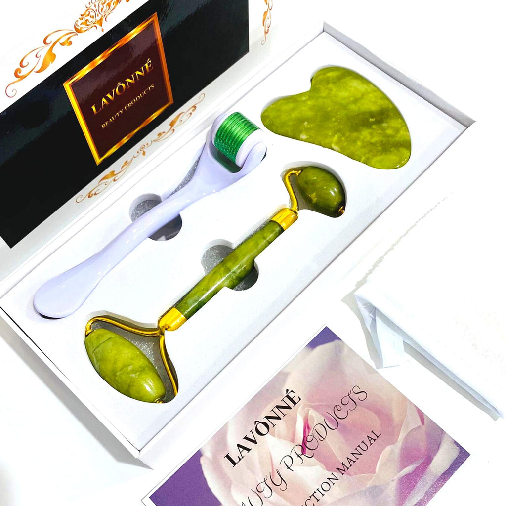 LAVÔNNÉ 4-in-1 Authentic Jade Roller and Gua Sha Set Jade Roller and Derma Roller Set. Jade Roller and Guasha Gift Set. - BeesActive Australia