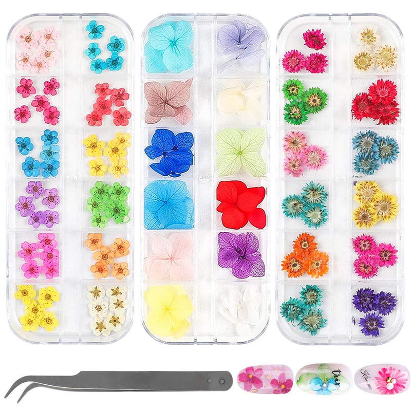 LIMGLIM 132pcs Nail Dried Flowers Resin Accessories 3D Nail Stickers Supplies 3 Boxes 36 Colors Mini Natural for Nail Art Supplies Decals Mixed Accessories, Starry Flower - BeesActive Australia