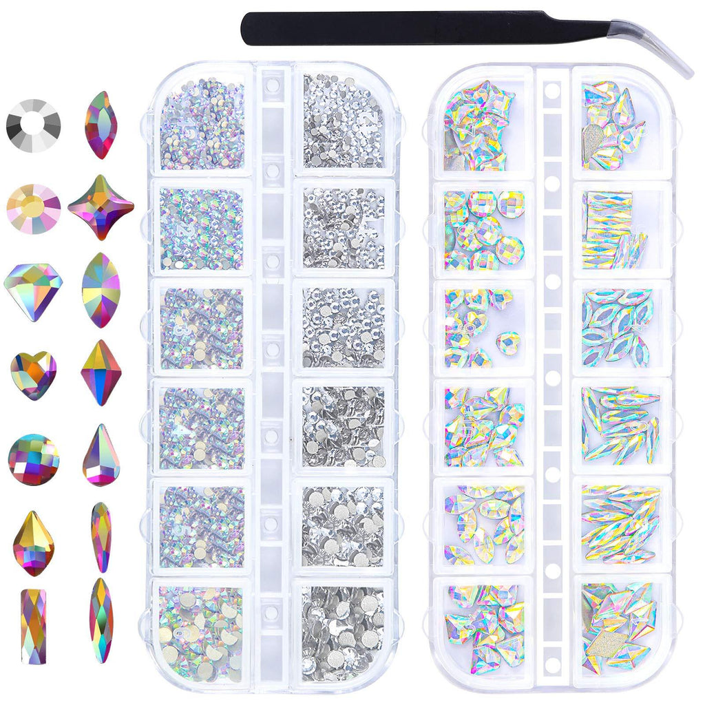 Aneco AB Crystal Rhinestones Set with Pick Up Tweezer Rhinestone and Picker Dotting Pen 120 Pieces Multi Shapes and 1440 Pieces AB Nail Art Rhinestones Color 1 - BeesActive Australia