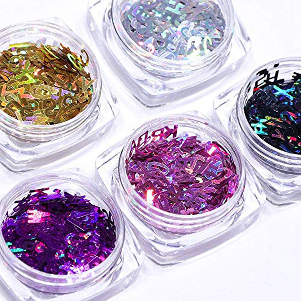 Letter laser nail gold silver purple black glitter glitter 3D nail holographic mixed pailette flake manicure nail decoration glossy tips 5 box set - BeesActive Australia