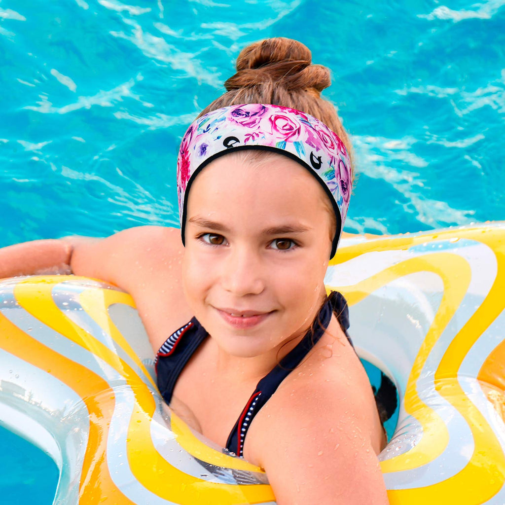 Swimming Headband with Earplugs for Kids, Babies & Toddlers | Helps Prevent Swimmers Ear | Non-Slip Grip | Adjustable Ear Band | Fits Kids 3 Months to 10 Years FLORAL~SMALL - BeesActive Australia