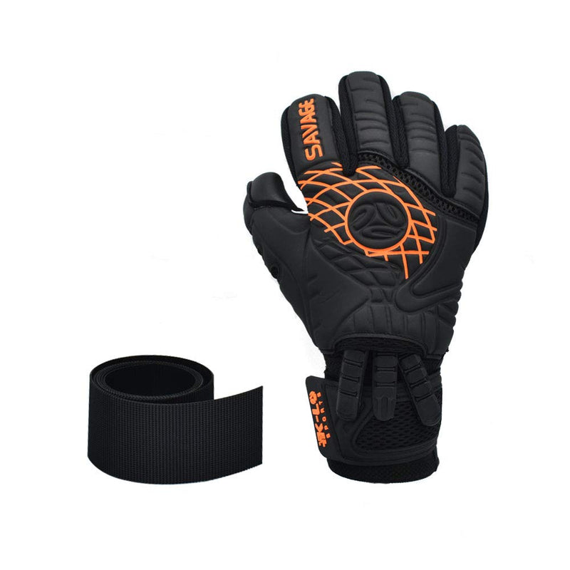 K-LO Fingersave Goalkeeper-Soccer Goalie Gloves- Savage Blackout-Professional Extra Precision Grip, German Latex Build-Negative Cut, Inside Silicone Gel, Non-Slip-Youth-Kids + Adult Sizes-Black Black and Orange 5 - BeesActive Australia
