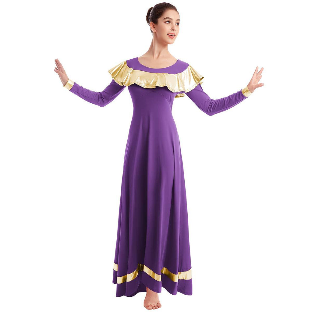 [AUSTRALIA] - IBAKOM Womens Praise Liturgical Worship Dance Dress Ruffle Metallic Gold Color Block Loose Fit Full Length Dancewear Purple+gold XX-Large 