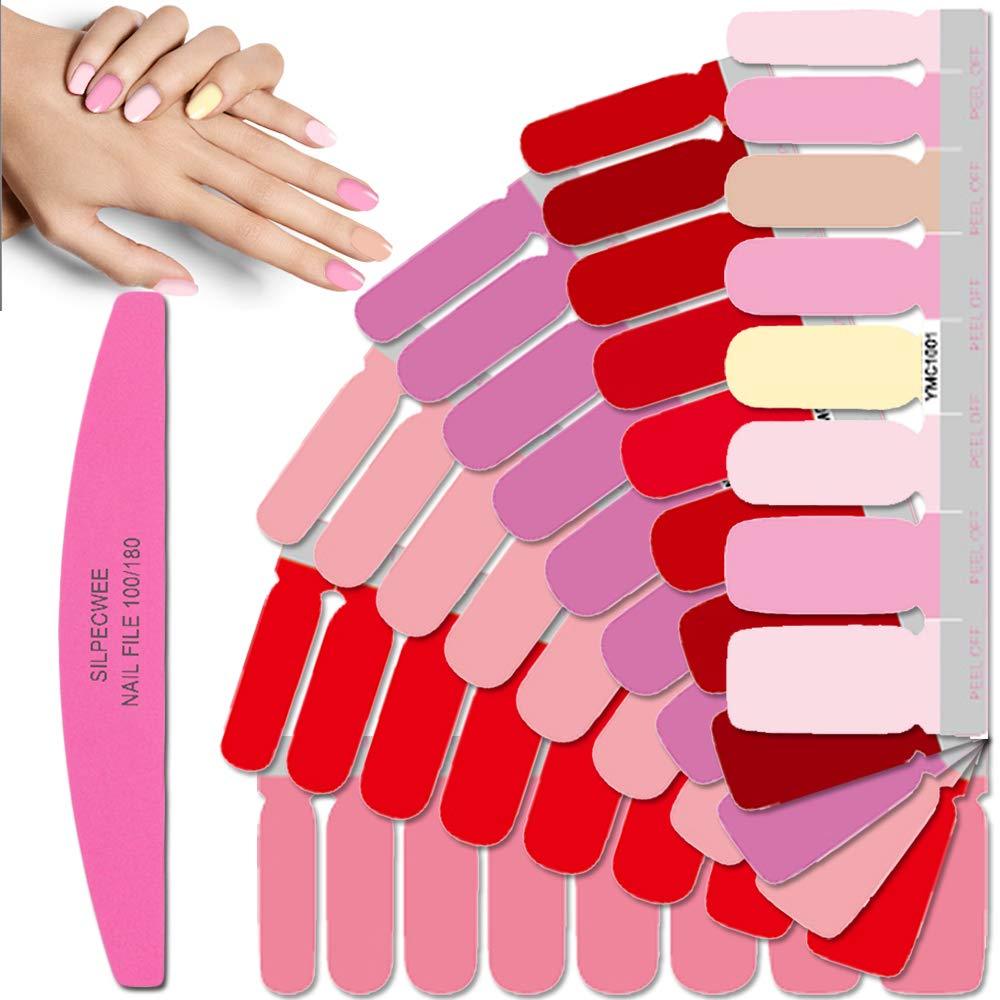 SILPECWEE 6 Sheets Adhesive Nail Polish Stickers Strips Set Solid Color Nail Art Decals Tips Nail Wraps Manicure Accessories and 1Pc Nail File NO4 - BeesActive Australia