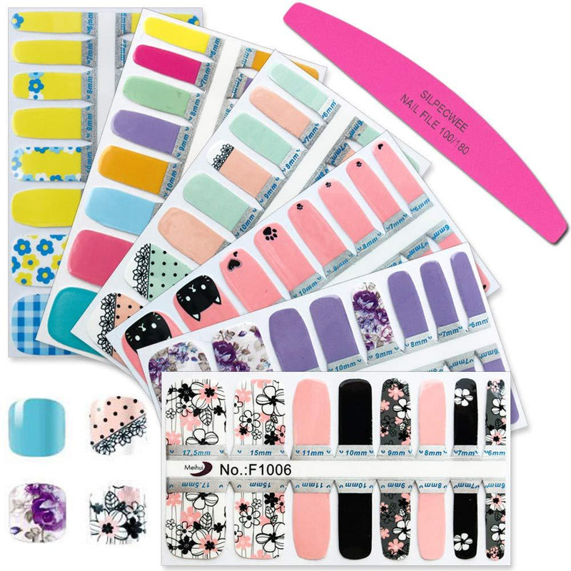 SILPECWEE 6 Sheet Flower Nail Art Polish Stickers Strips Set Lace Design Adhesive Nail Wraps Decals Manicure Accessories And 1Pc Nail File NO1 - BeesActive Australia