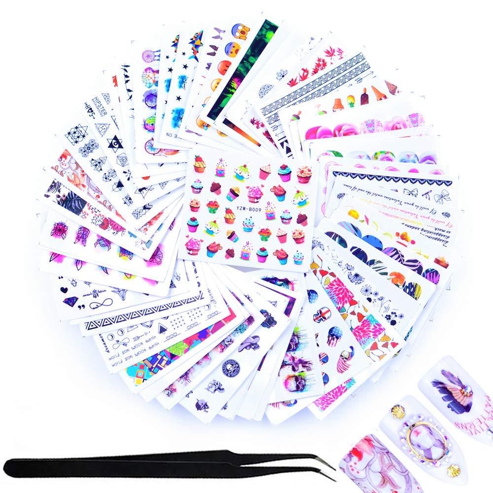 SILPECWEE 48 Sheets Summer Nail Water Transfer Stickers Tips Water Slide Nail Art Decals Flower Manicure Accessories and 1Pc Anti-Static Tweezers NO2 - BeesActive Australia