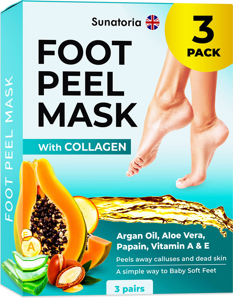 Foot Peel Mask - 2021 Dermatologically Tested - 3 Pack (Pairs) Exfoliating Foot Mask - Makes Feet Baby Soft by Peeling away Calluses - Dead Skin Remover by SUNATORIA - 2021 Updated Formula and Design - BeesActive Australia