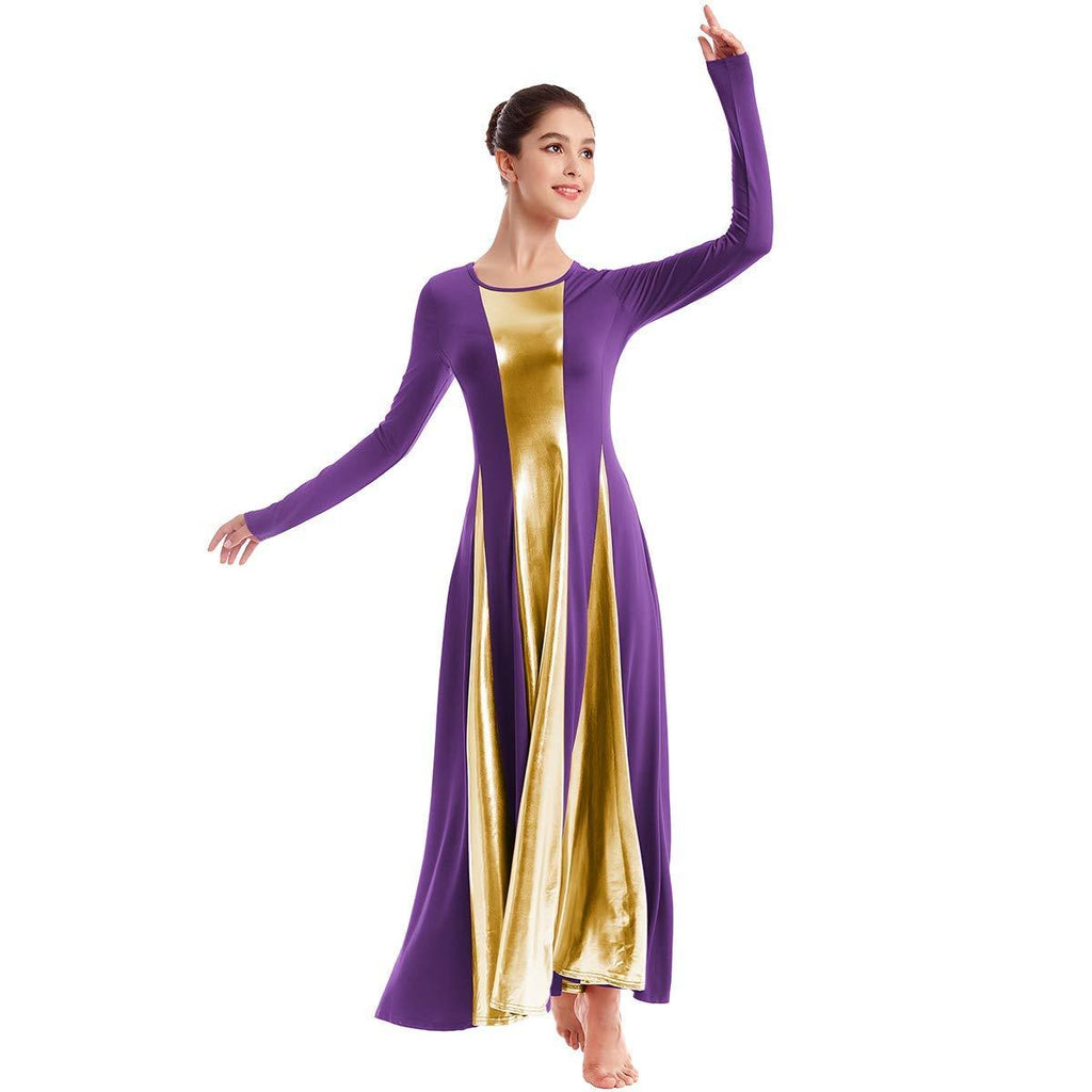 [AUSTRALIA] - OwlFay Metallic Praise Dance Dress for Women Color Block Liturgical Full Length Swing Gown Ruffle Tunic Circle Skirt Costume Medium Purple 