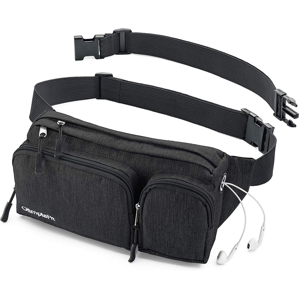 [AUSTRALIA] - Fanny Pack For Women & Men Cute Waist Bag - Hiking Travel Camp Running - Headphone Hole, Money Belt with 6 Pockets, Strap Extension - Easy Carry Any Phone, Passport, Wallet - Water Resistant Holder Black 