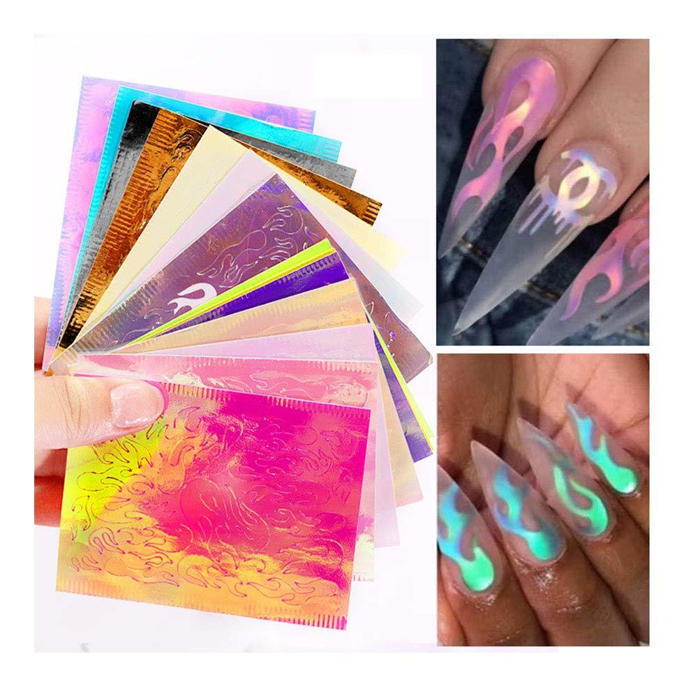 Lookathot 16Sheets Self-ahesive 3D Laser Aurora Flame Nail Art Stickers Decals Mixed Design Manicure DIY Decoration Tools Style1(16sheets) - BeesActive Australia