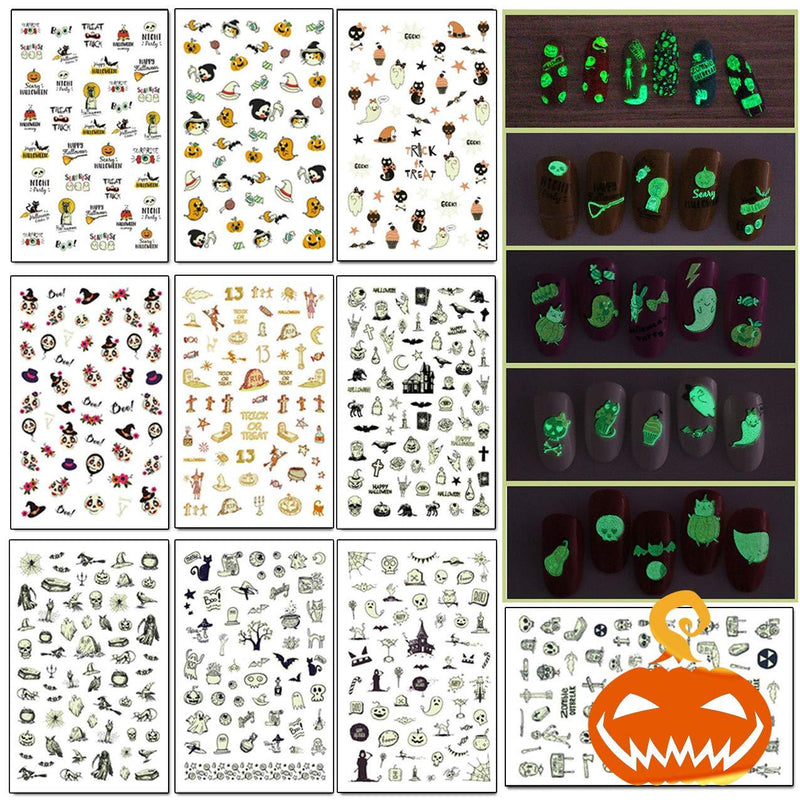 TailaiMei 10 Sheets Fluorescent Halloween Nail Decals Stickers, Self-Adhesive DIY Nail Art Tips Stencil for Women Girls Kids Manicure Halloween, 10 Sheets, Fluorescent - BeesActive Australia