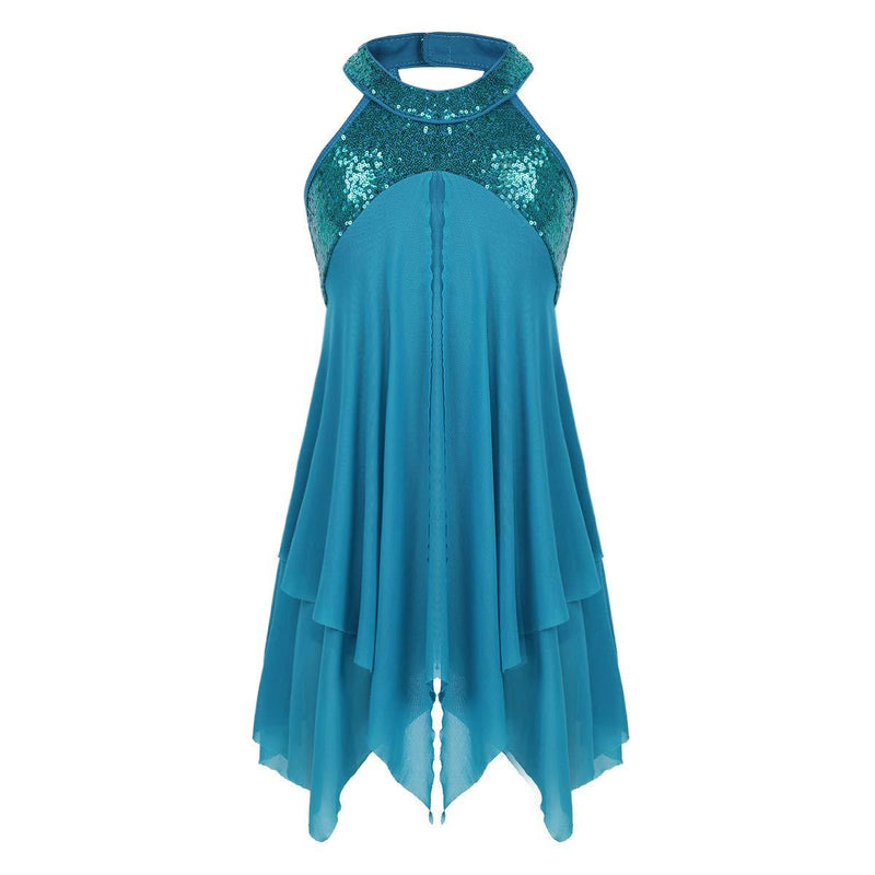 [AUSTRALIA] - MSemis Big Girls Sequins Halter Neck Camisole Irregular Skirts Modern Contemporary Lyrical Dance Dress Turquoise 11 / 12 