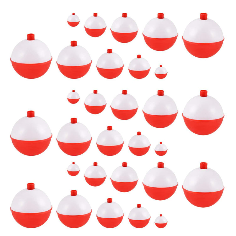 [AUSTRALIA] - Coopay 15pcs-50pcs/lot Fishing Bobbers Floats Set Hard ABS Snap on Red/White Float Bobbers Push Button Round Buoy Floats Fishing Tackle Accessories Size: 0.5/1/1.25/1.5/2 Inch 0.5+1+1.25+1.5+2=30pcs 
