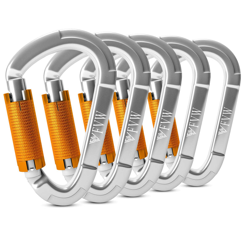 FVW Auto Locking Rock Climbing Carabiner Clips,Professional 25KN (5620 lbs) Heavy Duty Caribeaners for Rappelling Swing Rescue & Gym etc,Large Carabiners,D-Shaped 5psc-silver - BeesActive Australia