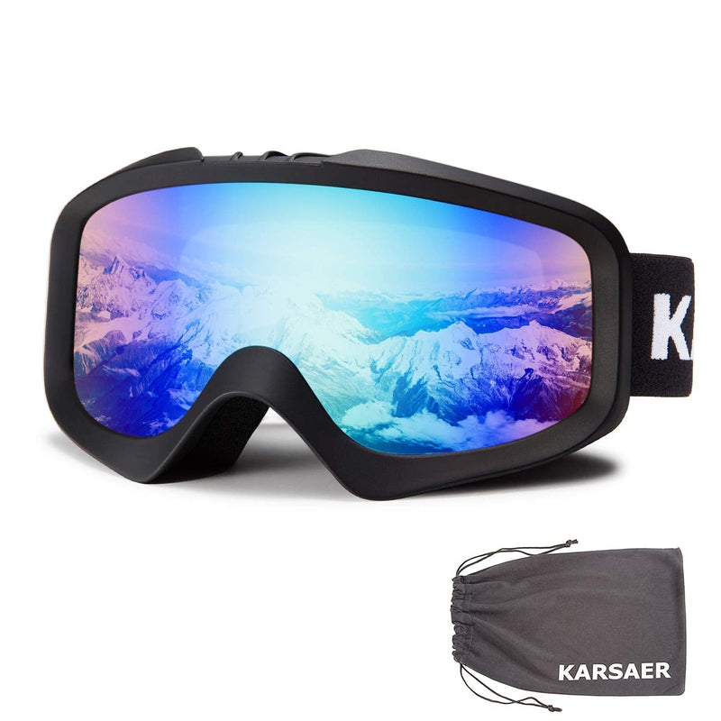 Karsaer Ski Goggles Anti-Fog Snow Goggles OTG 100% UV Protection Snowboard Goggles Bendable Dual-Lenses for Men Women Youth Matte Black Frame Green Mirrored Lens Vlt 18% - BeesActive Australia