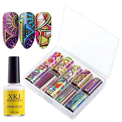 XICHEN 10 Roll/Color Starry Sky Nail Foil Transfer Sticker Paper Colorful Gradient Starry Sky Nail Art Decoration Kit，with 1 Bottle of Professional Star Glue (Bohemian Style 2#) Bohemian Style 2# - BeesActive Australia