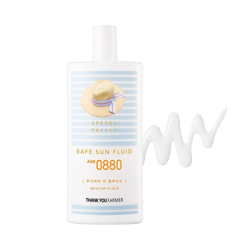 THANKYOU FARMER Safe Sun Fluid AGE 0880 SPF50+ PA++++ 3.51 Fl Oz (100ml) - Korean Sunscreen | Face Sunscreen | Sunscreen SPF 50 | Sunscreen For Face | Organic Sunscreen | Tinted Sunscreen - BeesActive Australia