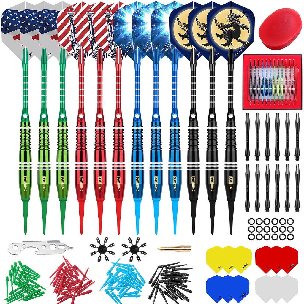 CyeeLife-Steel tip Darts 18g Colorful Barrels,Finger Grip Wax+20 Rubber O Rings+Ring Tool+100 Points+24 Flights(8 Designs)+16 Plastic Protectors+12 Aluminum Shafts+12 Nylon Shafts+Gift Packaging - BeesActive Australia