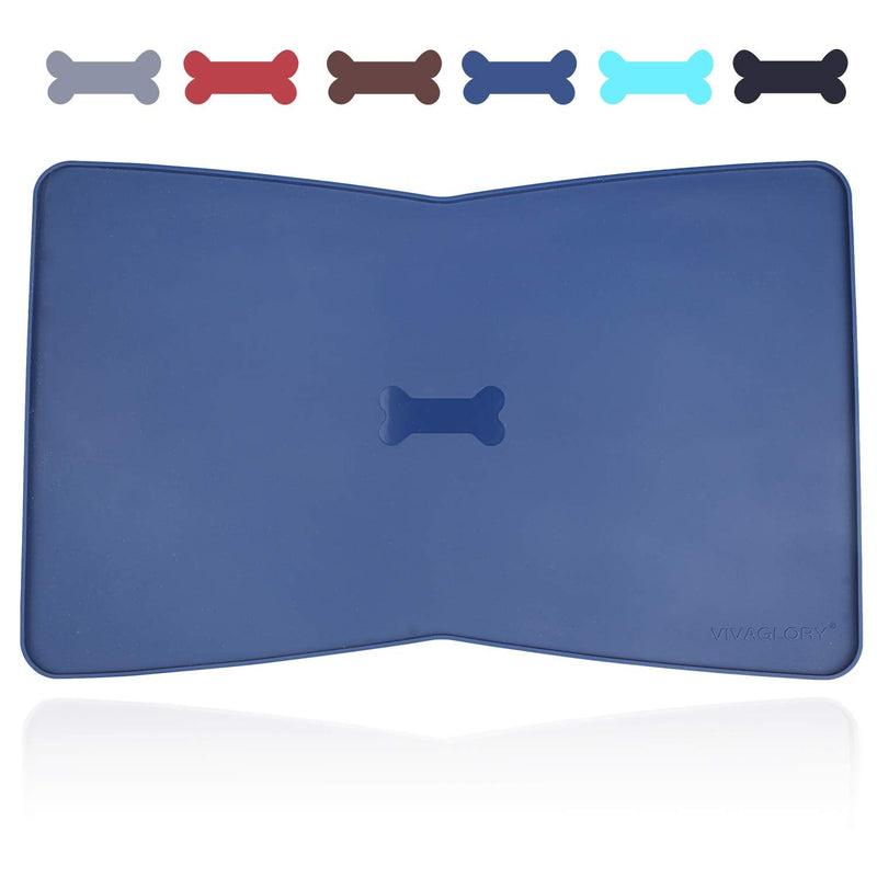 Vivaglory Pet Food Mat 24" L x 16" W or 19" L x 12" W, Waterproof & Anti-Slip Dog Food Bowl Mats with Raised Edge, Anti-Messy Bowknot-Shape & Whale-Shape Placemat for Dogs Cats 24"x16"(Bowknot-shape) Navy Blue - BeesActive Australia