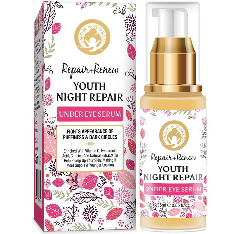 Mom & World Repair + Renew Youth Night Repair Under Eye Serum, 25ml - With Vitamin C, Caffeine, Hyaluronic Acid for Under Eye Skin Repair and Dark Circles - BeesActive Australia