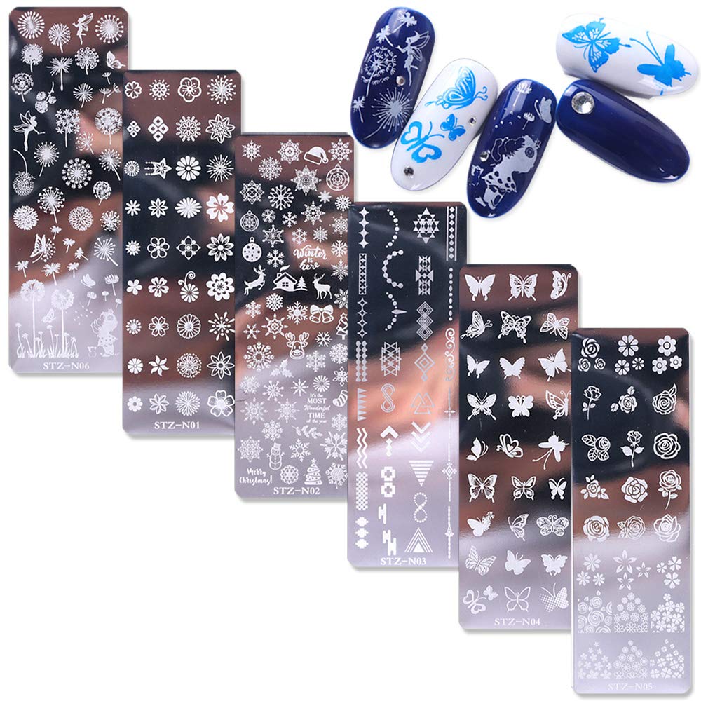 WOKOTO 6Pcs Nail Polish Stamping Plates Kit Flower Butterfly Rose Snowflake Image Templates Stamping Manicure DIY Tools - BeesActive Australia