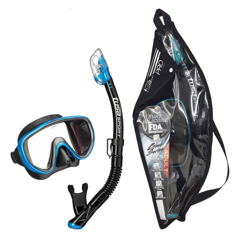 [AUSTRALIA] - TUSA Sport Adult Serene Black Series Mask and Dry Snorkel Combo Black/Fishtail Blue (w/reusable bag) 